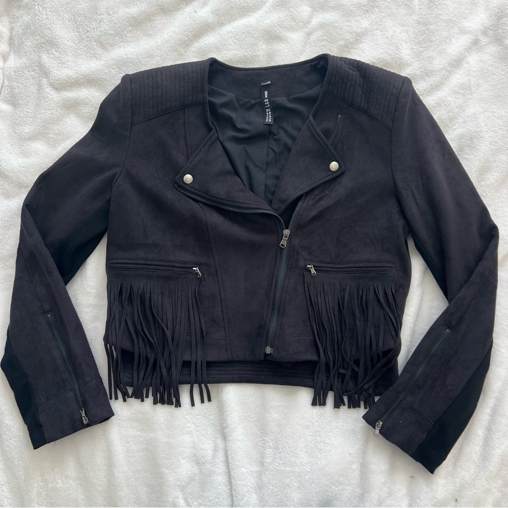Design Lab Lord & Taylor Black Fringe Faux Suede Jacket